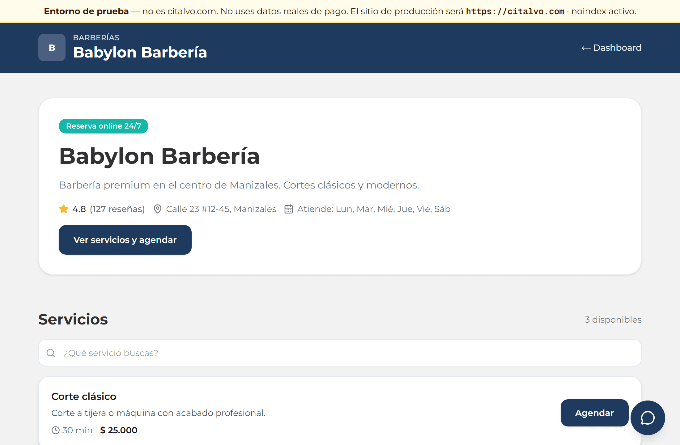 Página pública de Babylon Barbería con servicios y botón Agendar